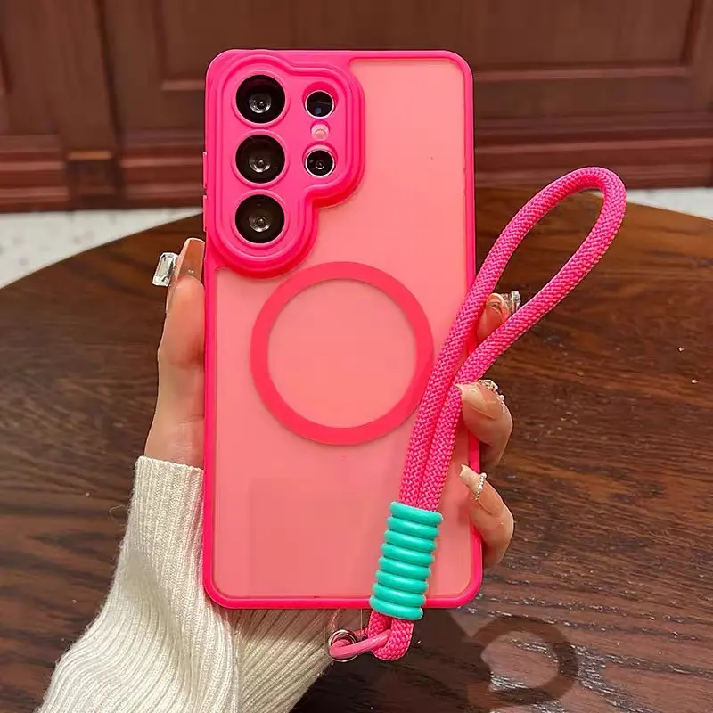 Magnetic Shockproof Anti Drop TPU Shell Phone Case + Wrist Strap for Samsung Galaxy S26/S25/S24/S23 Ultra, Full Camera Protection, Wireless Charging Support, Cover, TPU Smartphone Casing