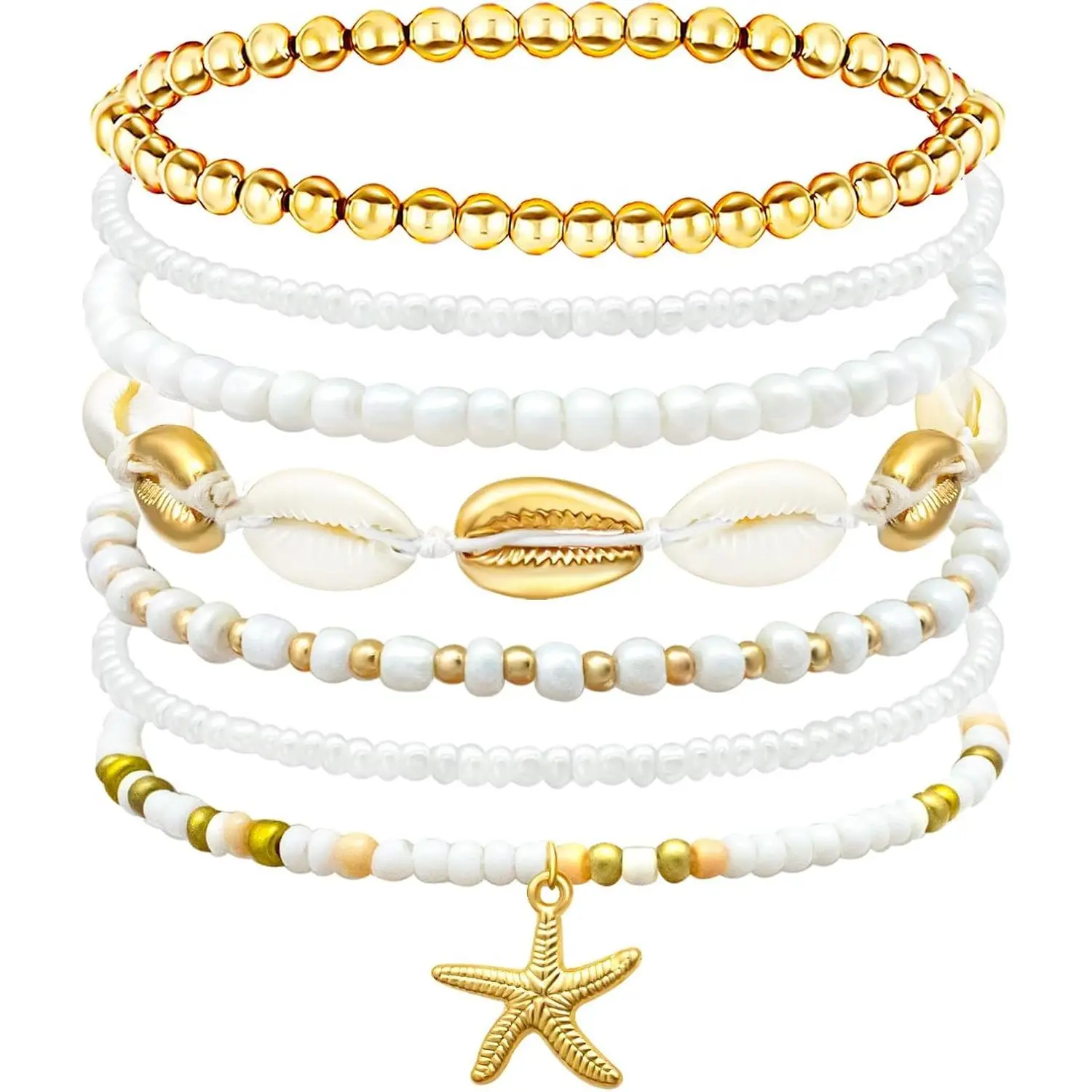 Shell Summer Beach Bracelets for Women Seashell Boho Layered Beaded Bracelets Set Starfish Handmade Stretch Bracelets Summer Beach Jewelry Accessories Gifts