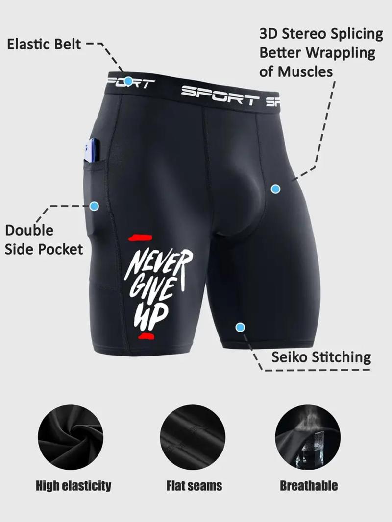 Men's Letter Print Sports Shorts, Breathable Quick Drying Gym Shorts, Training Cycling Shorts, High Elasticity Pocket Sports Bottoms for Running Basketball Yoga Golf