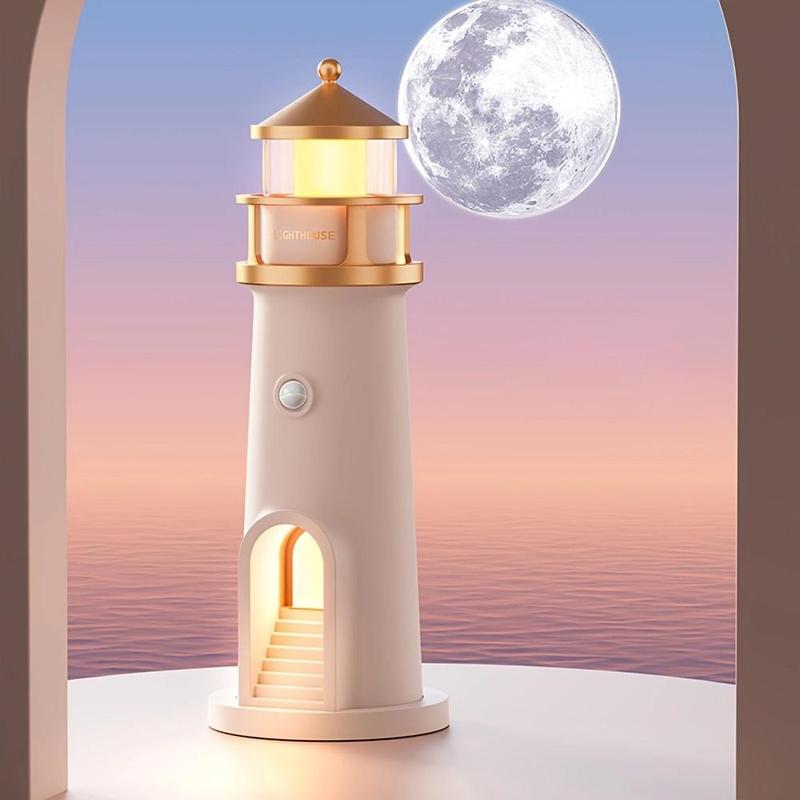 Moonlight Lighthouse Projection Light with Motion-Sensor Night Light, USB Rechargeable Lighting, Bedroom Bedside Lamp, LED Moonlight Projection Ambient Light, Decorative Gentle Lamp