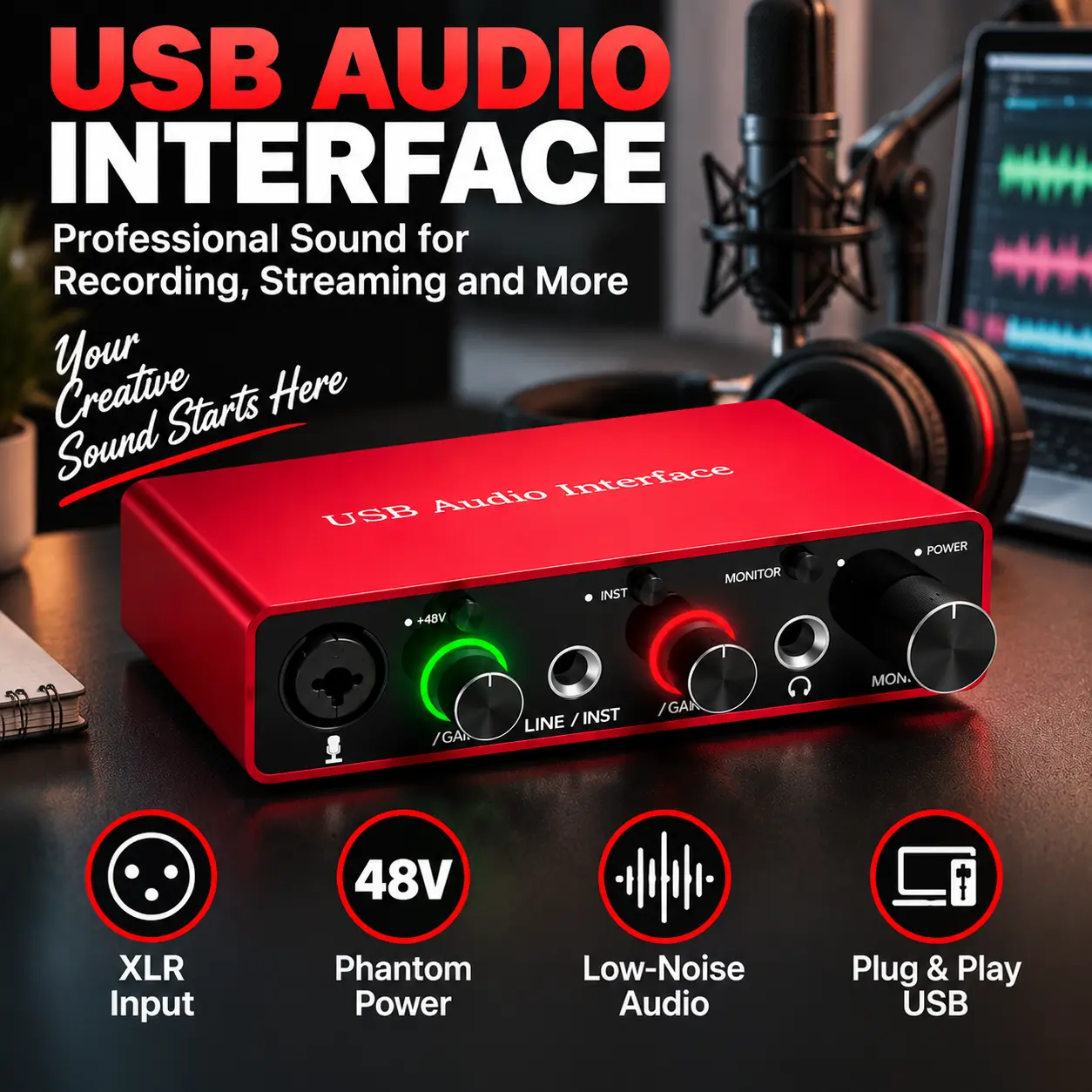 Portable USB Audio Interface with XLR Input, 48V Phantom Power and Professional Sound Processing, Compact Recording Sound Card for Vocals, Podcasts, Live Streaming and Home Studio Production