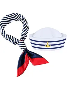 Navy Style Blue And White Stripe Sailor Hat Bandana Set Captain Hat Yacht Party Stage Performance Dress Up Props