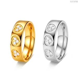 Diamond Inlaid Heart Stainless Steel Ring, Aesthetic Unique Dainty Band, Versatile Daily Stackable Jewelry for Women Girls
