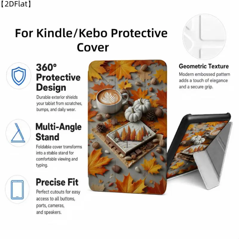 For Kindle/Kobo/Tolino Case, with stand Autumn Leaves Coffee Pumpkins Pinecones for New Kindle 11Th 2019, for Kindle 11th Generation Case for Kindle 11Th (2022/2024), 6-Inch, 7-Inch Kindle Paperwhite 12Th Generation 2024 Vision Color (2024) /Vision 6 (202