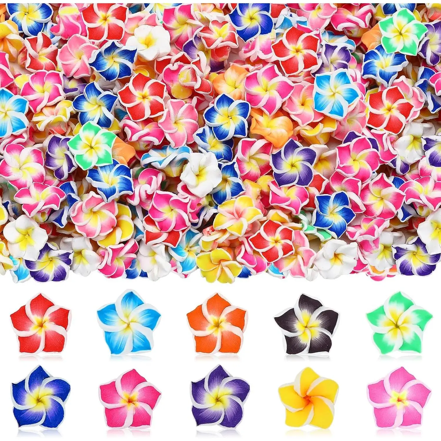 100 count Plumeria Flower Beads,Hawaiian Clay Beads 12mm Flat  Spacer Beads Polymer Clay Plumeria Summer Flower Beads Bulk for  Bracelet