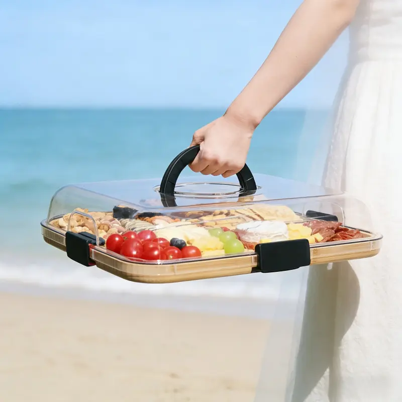 2-in-1 Wooden Serving Plate & Cheese Board - Portable Bento Lunch Tray, Serving Platter, and Cutting Board. A Dust-Proof Storage Solution for Snacks-Ideal for Use in Kitchens, Dining Rooms, and Picnics. Bamboo Cutting Boards