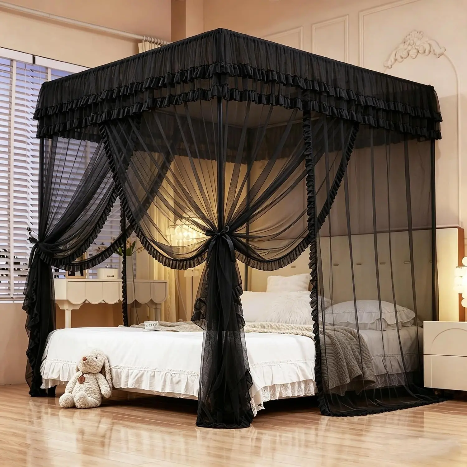 4 Corners Post Canopy Bed Curtains & Drapes, Elegant Mosquito Netting Bedroom Decor Accessories for Adults, Black, Full Size