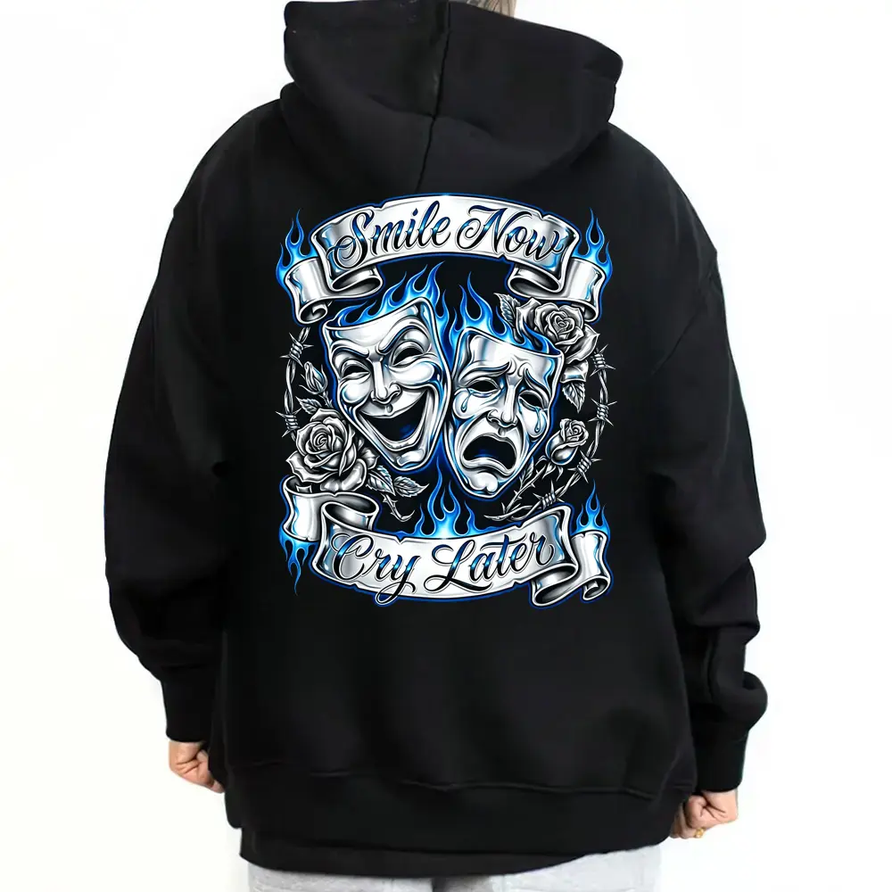 💧 ⛓️ Unisex Hoodie , Smile Now Cry Later Chicano Masks Lowrider Art Graphic Top, Vintage West Coast Latino Streetwear Casual  Sports Top, Breathable Fabric, Relaxed Cut