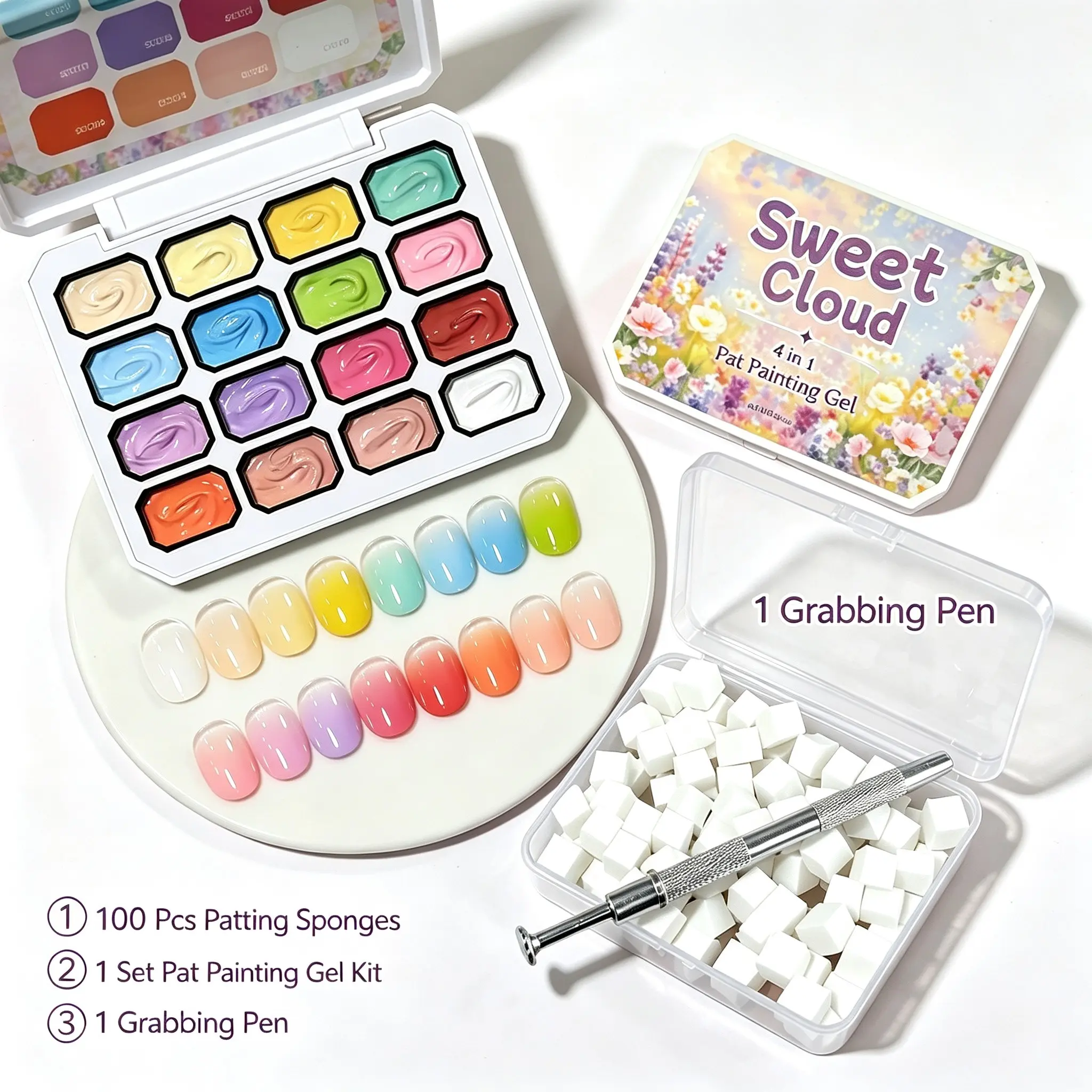 16 Colors 4 in 1 Pat Painting Gel Creative Nail Art Palette Kit, Professional Patting Pigment Gel with 100Pcs Patting Sponges & Grabbing Pen, DIY Gradient Blush Nail Manicure Supplies for Nail Technicians & Home Nail Art Lovers