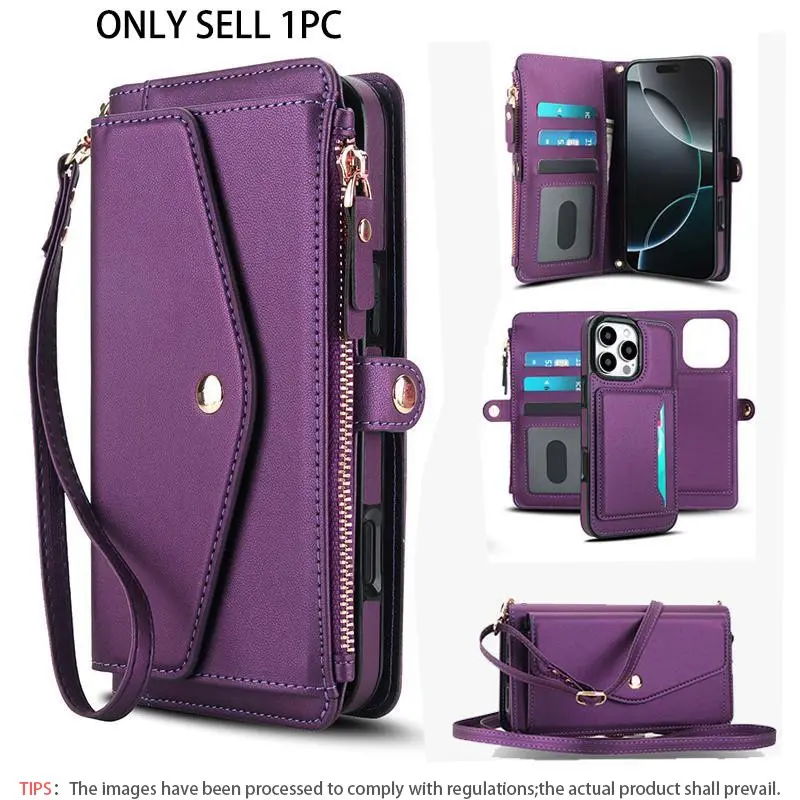 For iPhone 17/16/15/14/13/12/11 Pro Max Plus, Smartphone Accessories, women's wallet protective case, Protector, Phone Shell, supports wireless charging, with RFID card holder, detachable magnetic case, crossbody strap, wristband zipper mobile wallet Cash