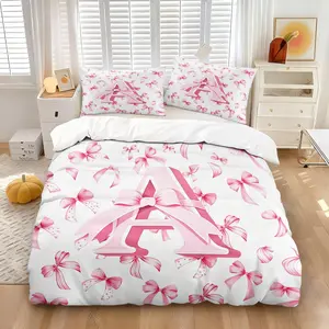 Custom Initial Letter A Pink Coquette Bow Bedding Set, 1 Duvet Cover + 1/2 Pillowcases, No Filling, HD All Season Print, Soft Breathable Bedding, Cute Pastel Ribbon Bow Pattern for Teen Girls Bedroom Decor, Easy Care Washable