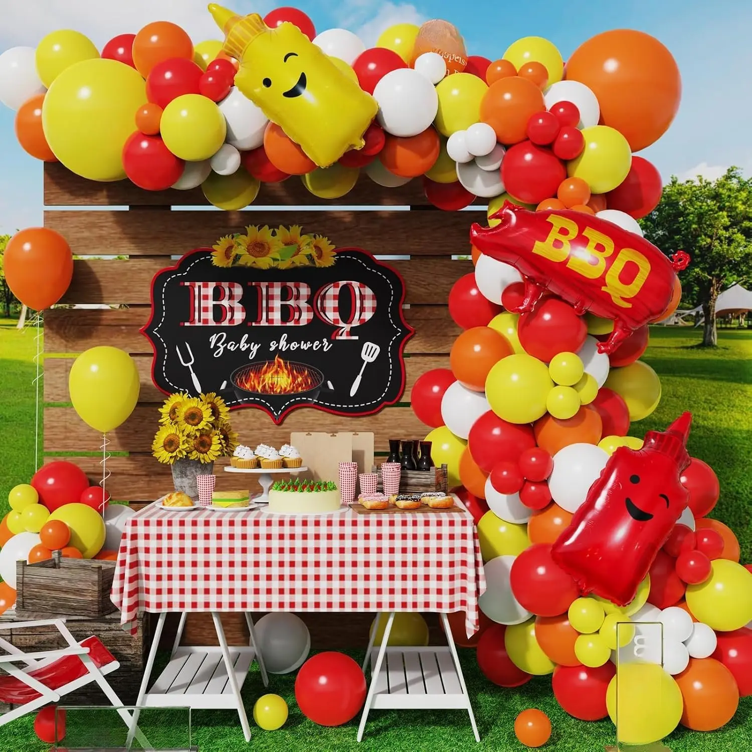BBQ Balloon Garland Arch Kit 145 count Red and Yellow Balloons with BBQ Pig and Sauce Bottle Foil Balloons for Picnic Boy or Girl Barbeque   Q  Shower Party Decorations