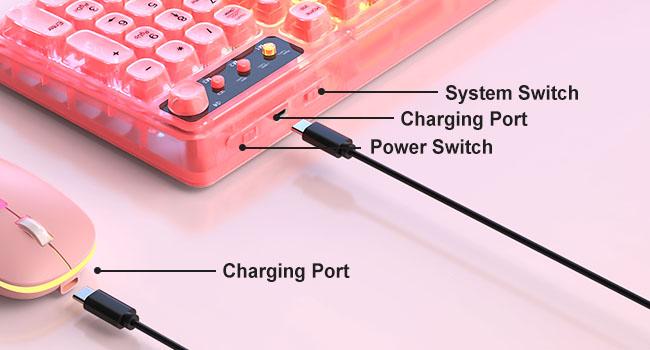 Pink Light Up Keyboard and Mouse Wireless,Cute 2.4Ghz Cordless Rechargeable Transparent Backlit Keyboard,15 Backlight Effects,Volume Knob,RGB Mouse with 3 DPI for Mac Computer PC Laptop Desktop iPad