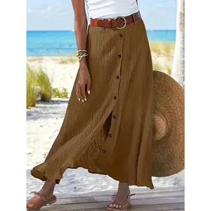 Comfortable cotton-linen A-line midi skirt, mid-waist cut a slimming effect, unique side slit design, breathable and skin-friendly, gentle and versatile everyday wear