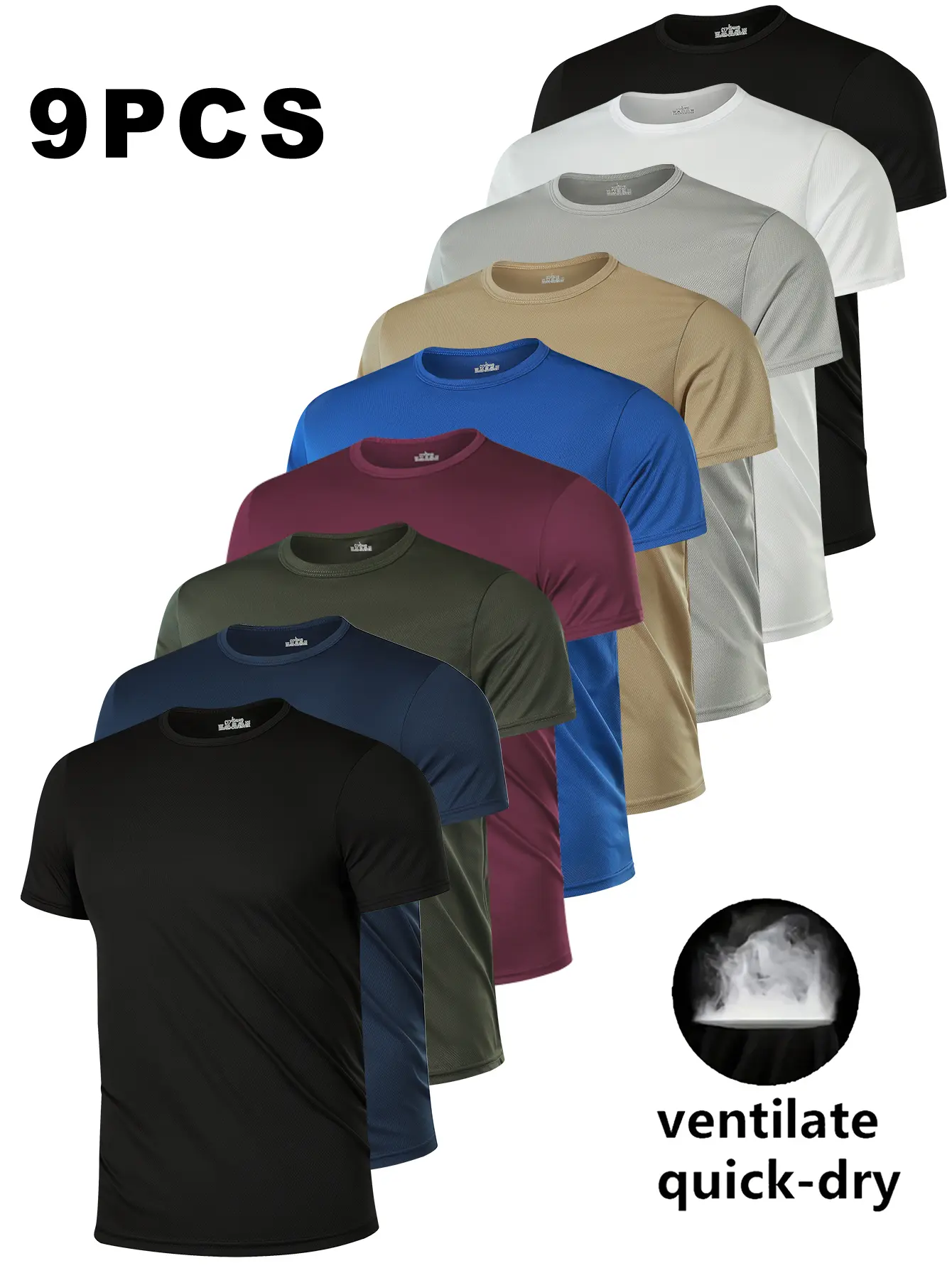 Men’s solid-color crew neck T-shirt set (9 pieces) — 100% polyester knit fabric, slight stretch, regular fit, lightweight at 130 g with breathable feel—ideal for fitness, running, outdoor activities, and casual wear—a spring/summer essential: sports T-shi