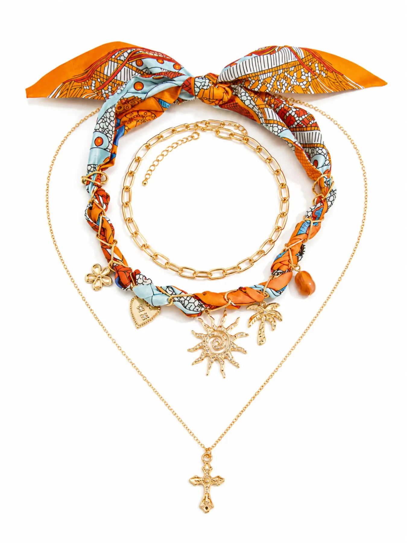 3-Piece Boho Layered Necklace Set for Women, Printed Scarf Chain with Mixed Charms and Gold-Tone Pendant Necklaces, Summer Beach Vacation Jewelry
