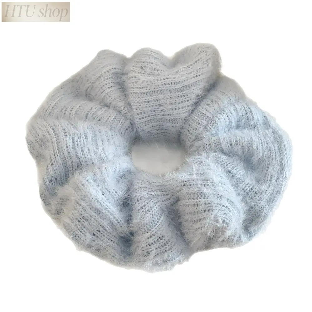 Milk Blue Plush Scrunchie for Women, Oversized Knitted Wool Hair Tie with Cozy Casual Design, Soft Stretchy Hair Band for Thick & Long Hair, Warm Fall & Winter Hair Accessory for Everyday Hairstyles