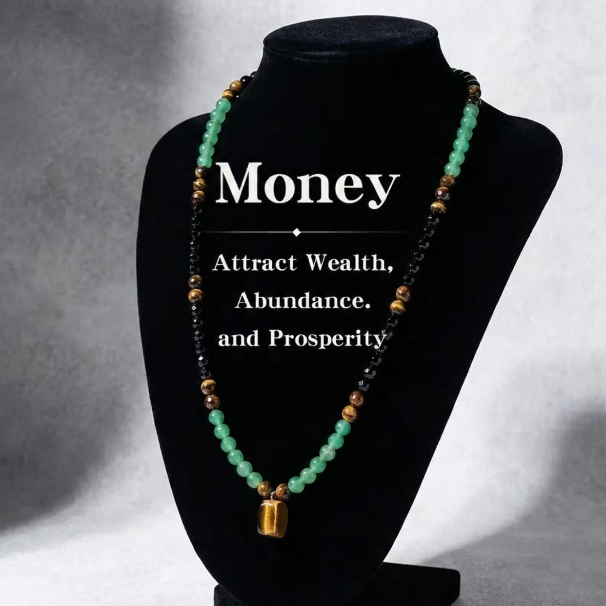 Green Aventurine & Tiger Eye Money Attraction Necklace, Natural Healing Crystal Pendant for Wealth & Prosperity, Long Chain Sweater Necklace, Ideal Gift Jewelry for Men and Women, Jewelry Charms for Anniversary, Vacation &Theme Parties