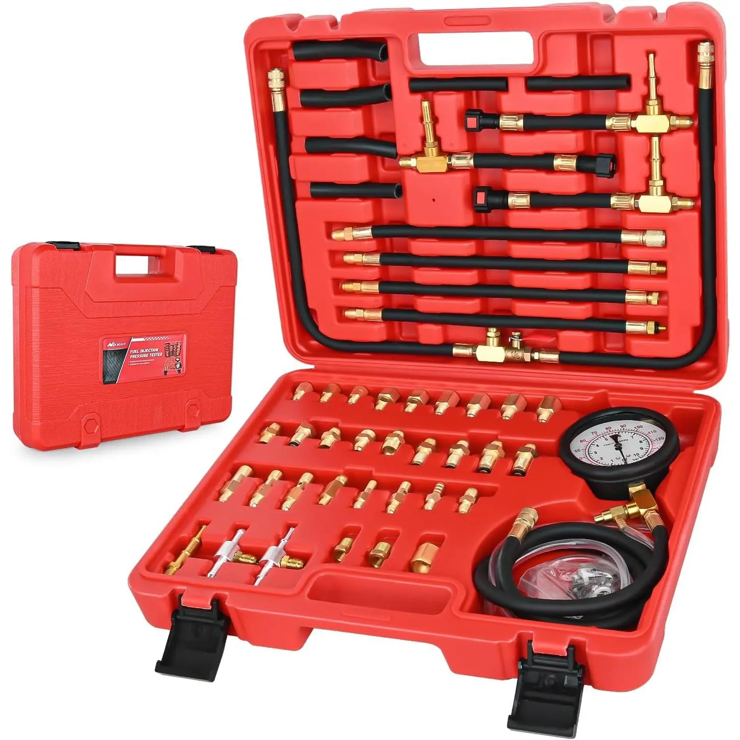 Nilight Automotive Fuel Pressure Tester Kit - 0-140 PSI Gauge with 9.49, 7.89, 6.30 Fittings, Diagnostic Tool for Petrol Engine Vehicles