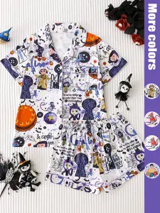 Two-Piece Cartoon Fantasy Print Women's Pajama Set, Soft Satin Fabric, Collared Button Short Sleeve Top + Shorts, Elegant Sleepwear