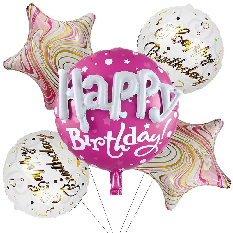 5-Pack Round Balloon Set, Happy Letters, Agate Print, Heart, Star Patterns, Perfect for Birthday Party Decorations and Photo Props