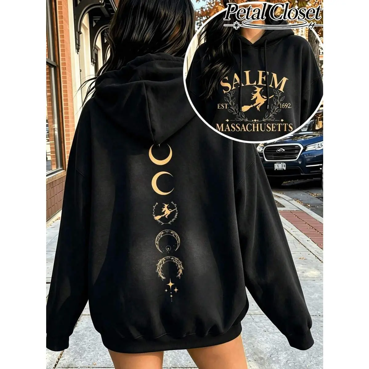 Women Fleece Lined Hooded Sweatshirt, Retro Salem Witch Moon Phase Star Double‑Sided Graphic Hoodie, Halloween Outfits Fall & Winter Apparel
