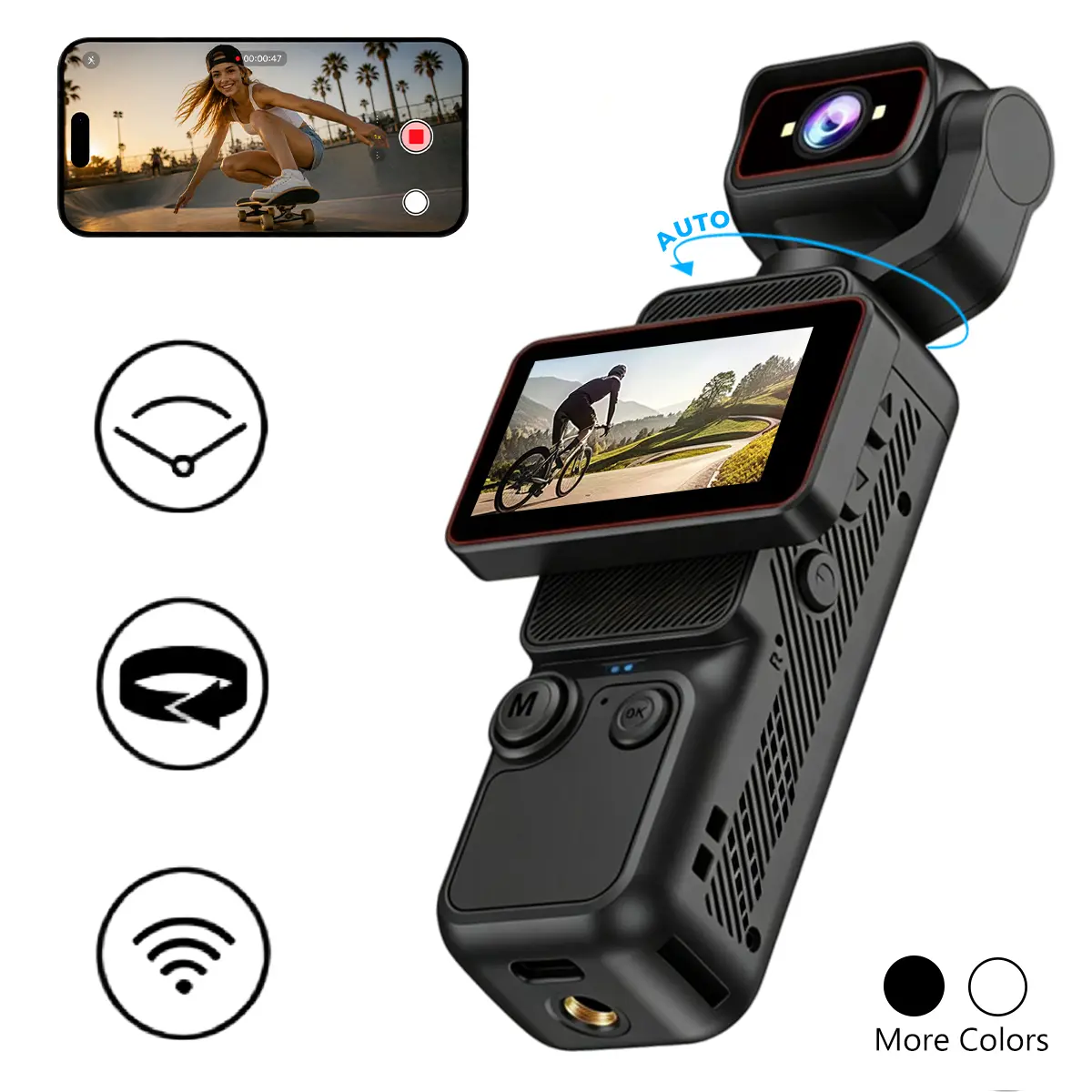Portable HD Gimbal Camera, Pocket Vlog Camera with Auto Rotating Lens, Smooth Stabilized Video, WiFi Connection, 6X Zoom, Type-C Charging Camera for Travel, Camping & Content Creation