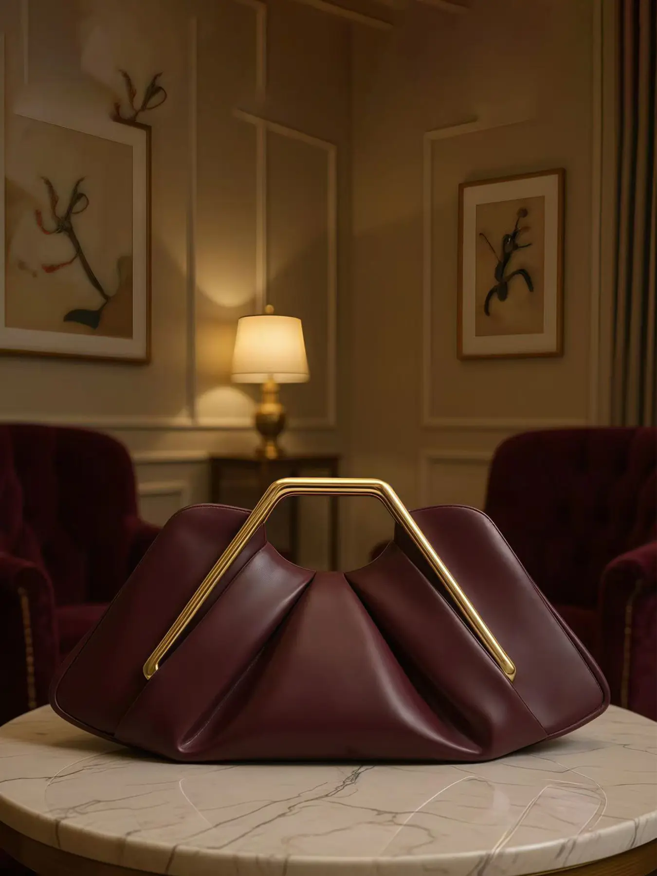1Pc Burgundy Ruched Clutch Bag Golden Metal Frame Handle Evening Handbag, Elegant Women Purse, Suitable For Wedding Ceremonies, Banquets, Dating Dinners And Formal Evening Parties