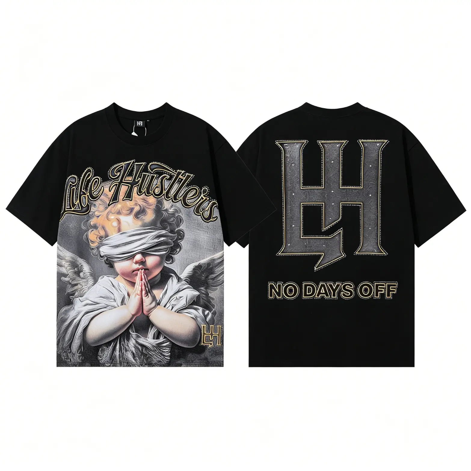Life Hustlers Graphic Washed T-Shirt for Men & Women, Angel Baby Hot Drill Rhinestone Cross Prayer Oversized Tee, Vintage Y2K Streetwear Hip Hop Cotton Short Sleeve Casual Summer Everyday Outfit