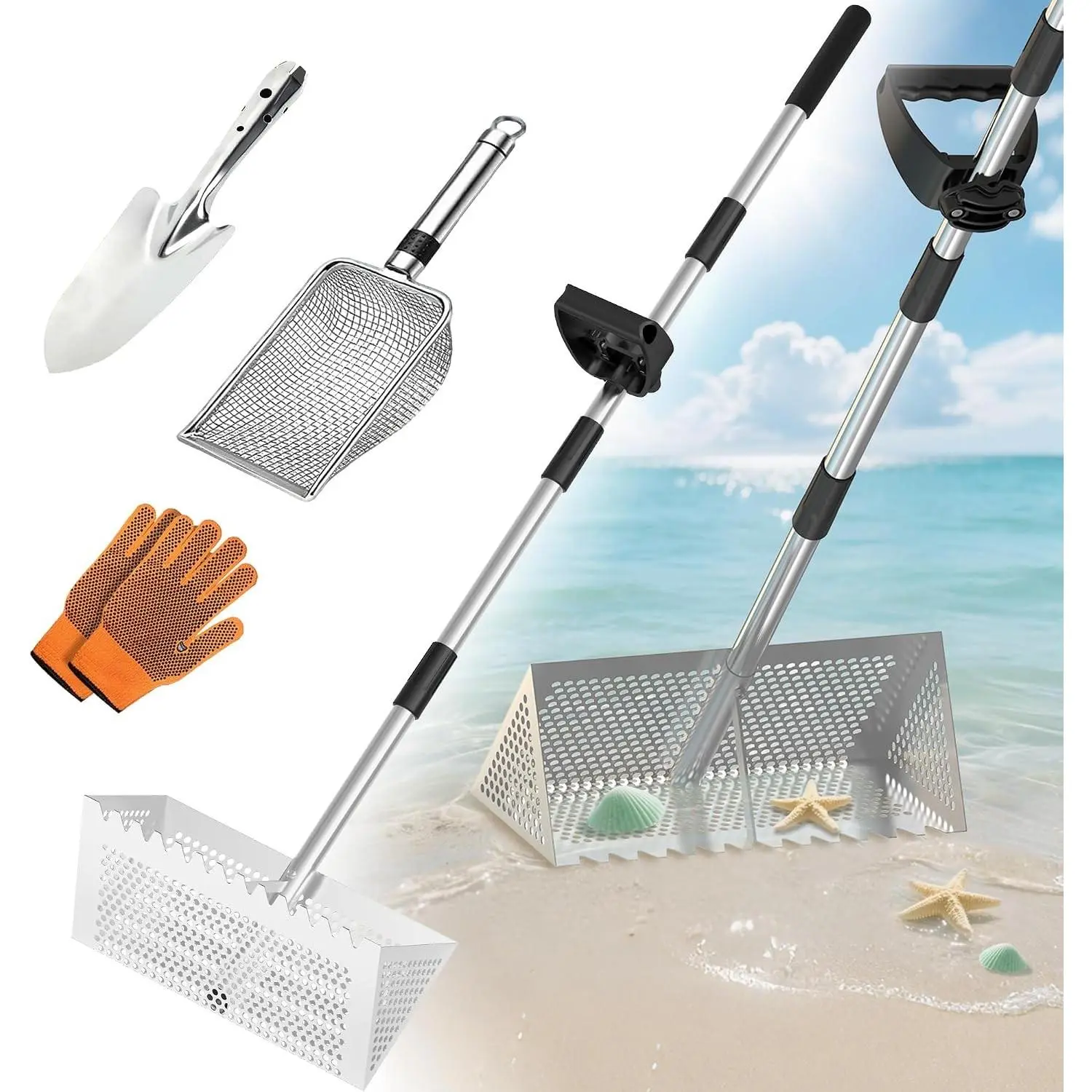 Sand Flea Rake, Sand Sifter for The Beach,Stainless Steel Shark Tooth Sifter with Detachable Wide Drainage Mesh and Ergonomic Long Handle for Finding Fleas,Shells and Shark's Teeth (15.7″)