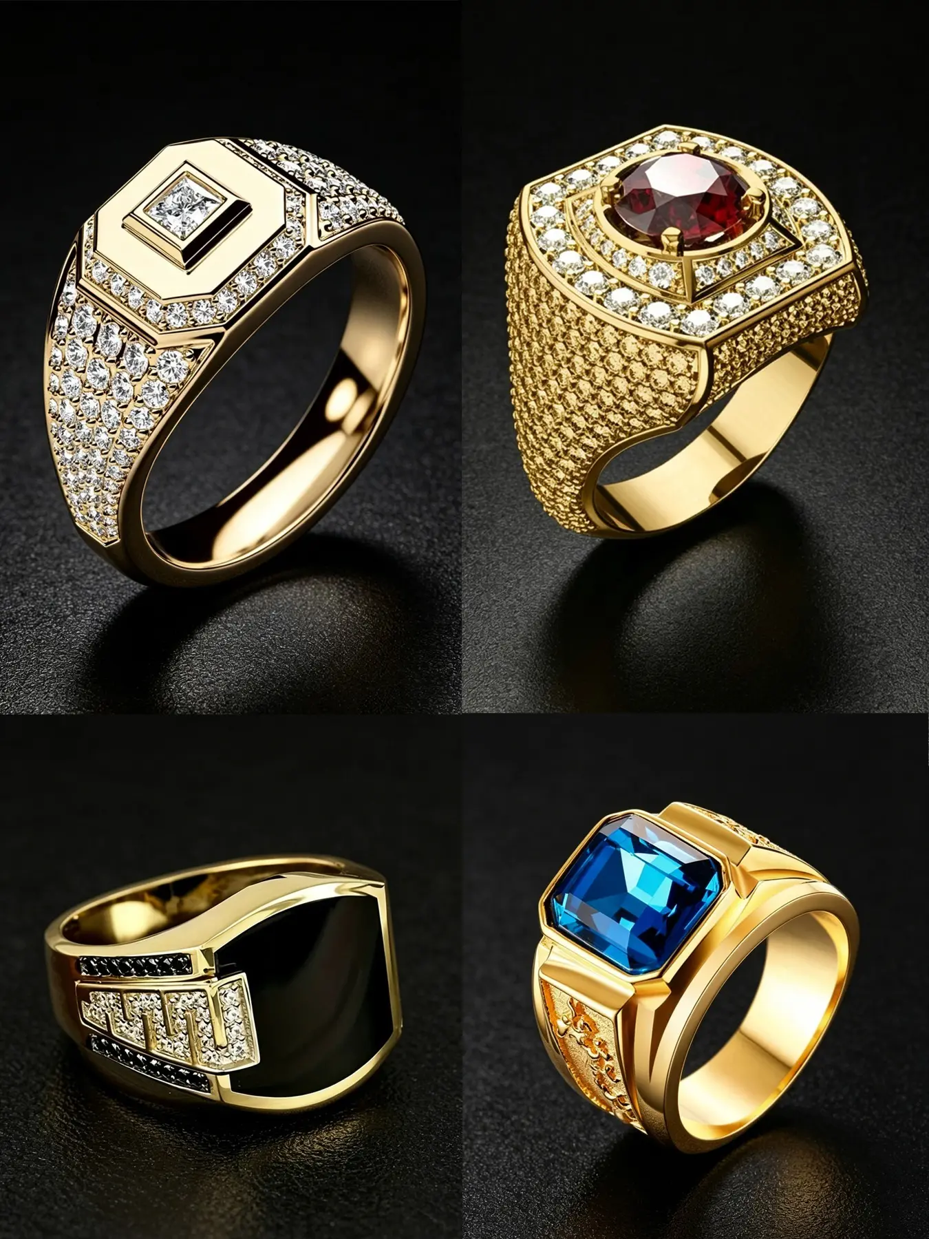 4 Styles, Geometric Design Ring, 18K Gold Plated Square Multi Colored Cubic Zirconia Signet Wide Band Ring White CZ Ruby Black Onyx Blue Sapphire Stainless Steel Men Finger Ring Suitable For Daily Life Party Matching Valentine Christmas Birthday Gift
