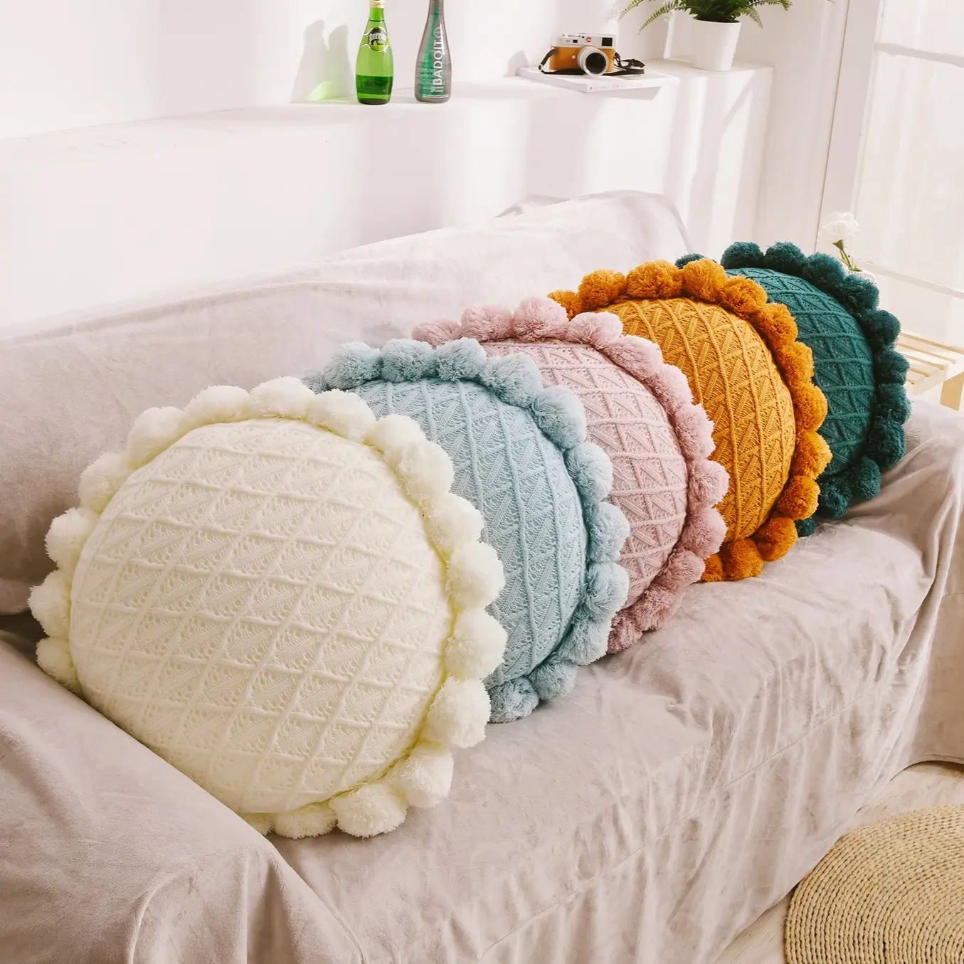 Creative Sunflower Shape Knitted Cushion, Detachable Zippered Inner Core, Nordic Yarn Sofa Pillow, 3D Hollow Round Seat Pad