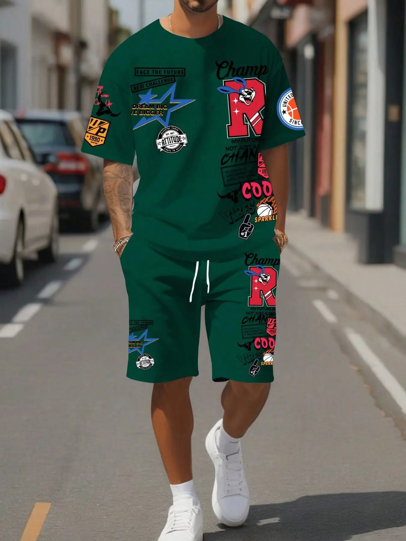 Street men's two-piece set, spliced cartoon badge print, trendy casual sports style men's clothing, refreshing sports suit