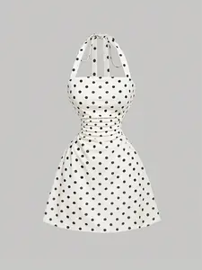 Women's Plain Ruched Tie Back Halter Dress, Casual Chic Sleeveless A Line Short Dress for Summer, Ladies Clothes for Daily Wear