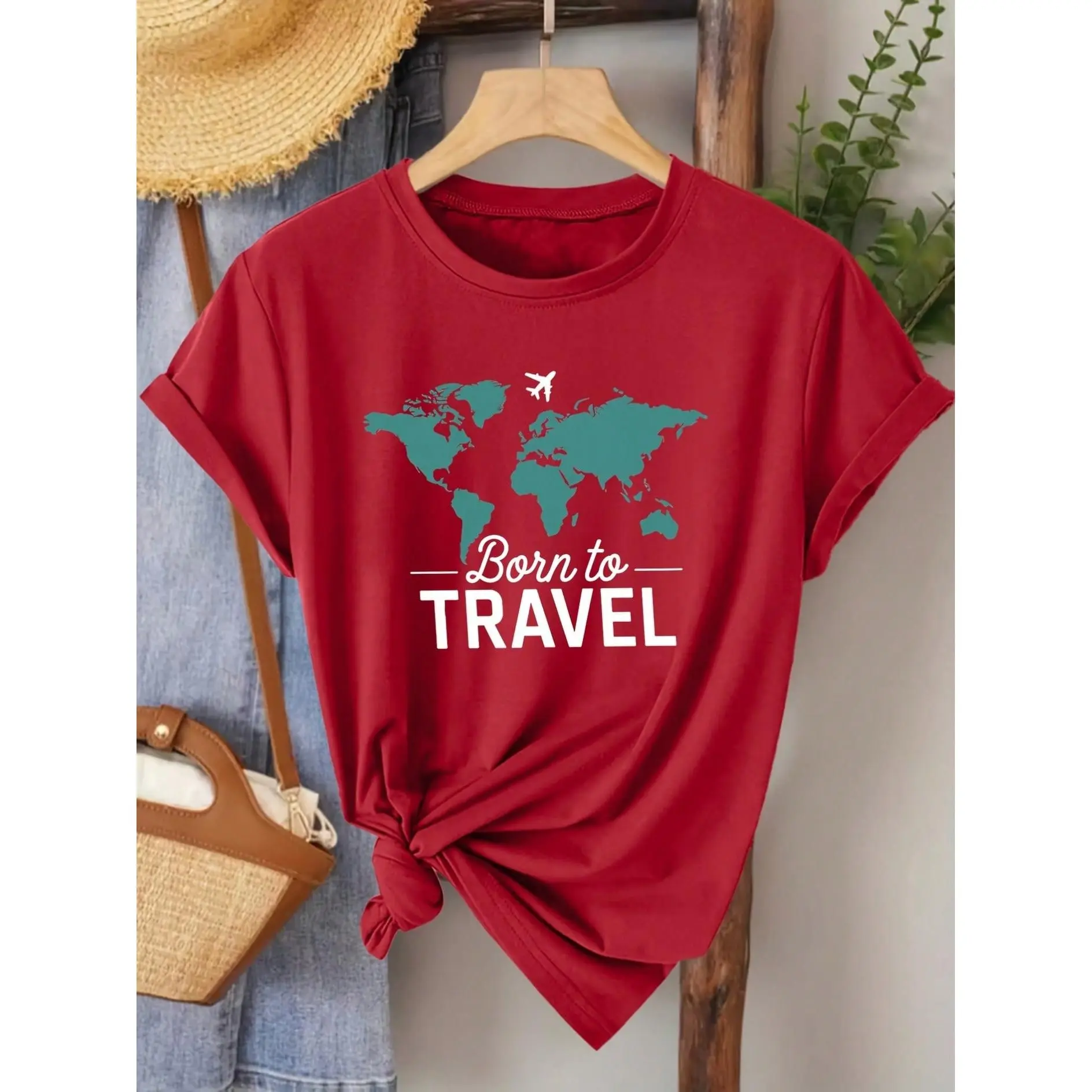 Men's World Map Graphic T-Shirt, Cute Casual Loose Fit 100% Cotton Round Neck Shortsleeve Tee for Summer Vacation, Fabric, Christmas, Menswear, Hem, Festive, Regular Fit