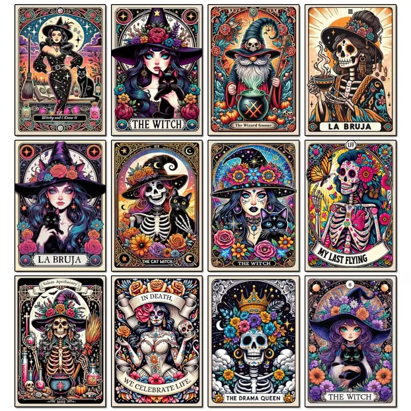 Witch Tarot Diamond Art Painting Gothic Witch and Black Cat Full Square Diamond Mosaic Cross Stitch Kit Home Bedroom Decor