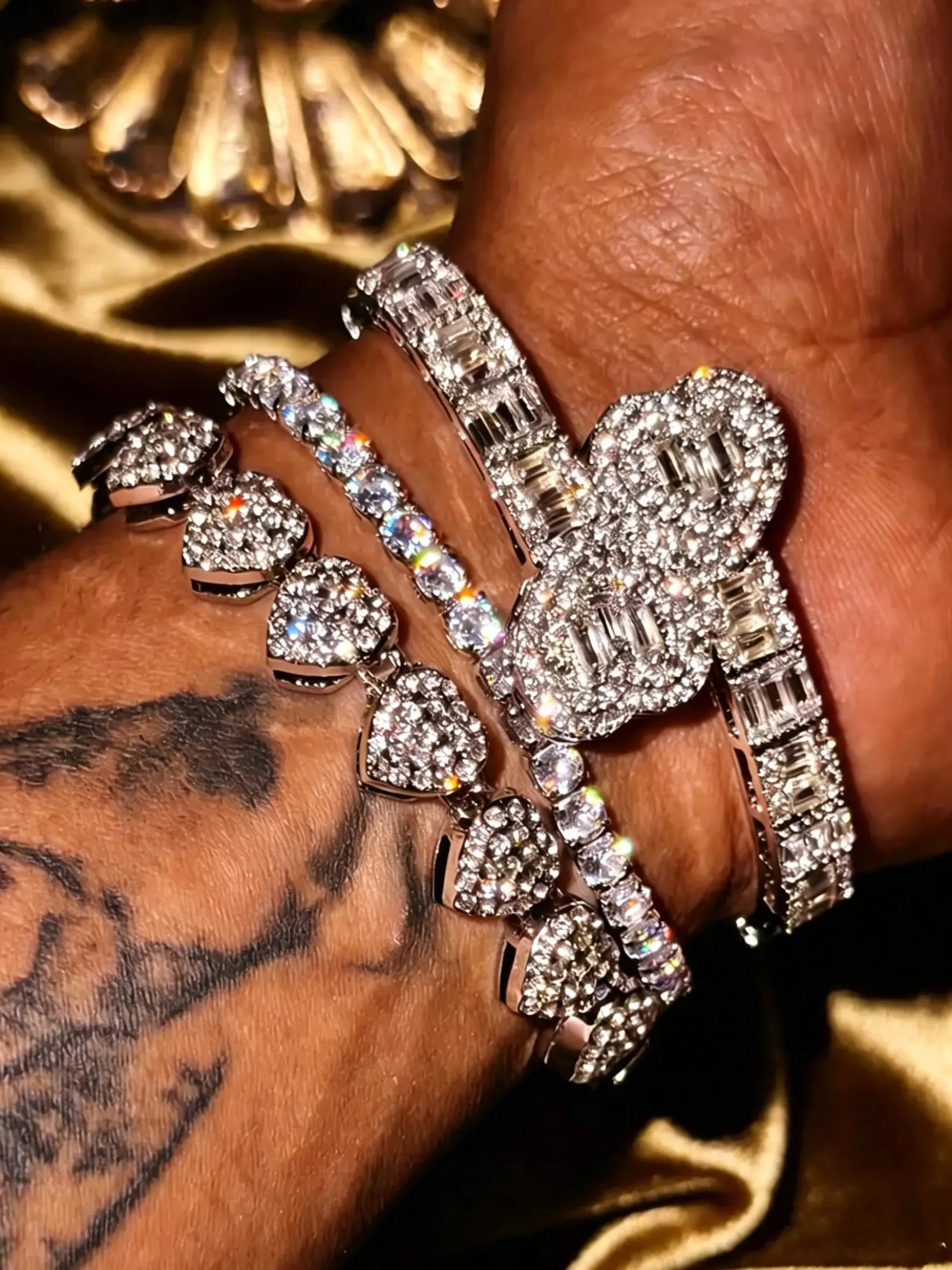 Iced Out 3Pcs Bracelet Set, Pave Rhinestone Heart Tennis Bangle, Bling Stackable Bracelets, Hip Hop Party Jewelry, Sparkly Crystal Wrist Accessories, Statement Shiny Bracelets for Women, Heart Shaped Bracelet, Luxury Iced Out Wrist Jewelry