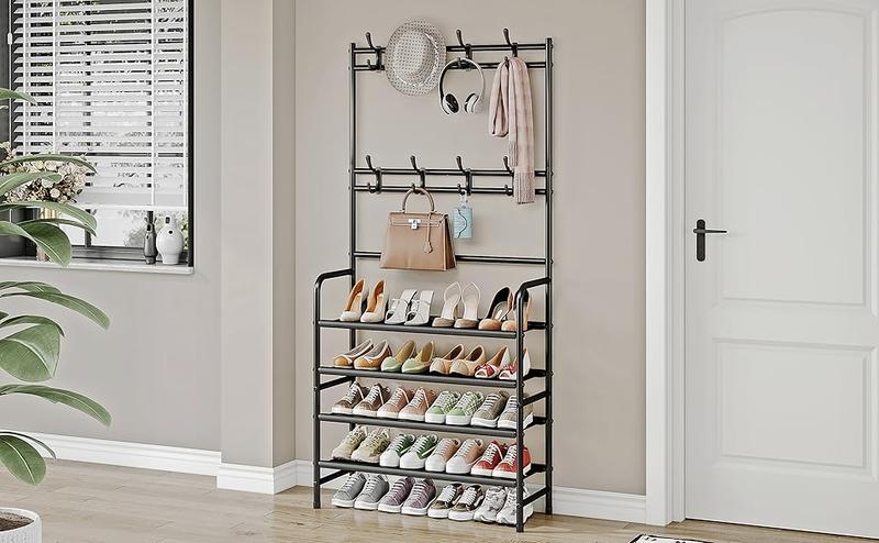 SORCEDAS Coat Rack Shoe Rack With Storage Shelf Freestanding with 8 Hooks for Entryway Bedroom Closet 4 Tier, Black