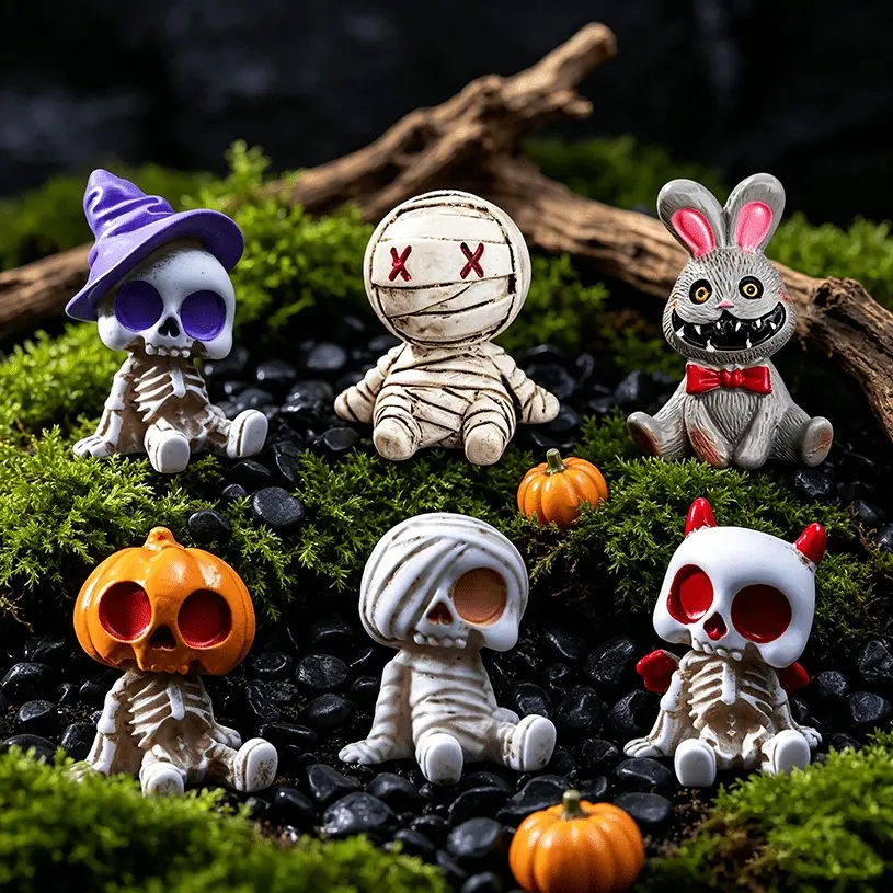 6Pcs Spooky Halloween Resin Miniature Statues with classic skull and mummy shapes. Compact size for desktop and car dashboard decoration, excellent for DIY scene assembly, wonderful decor and souvenir presents for Halloween.