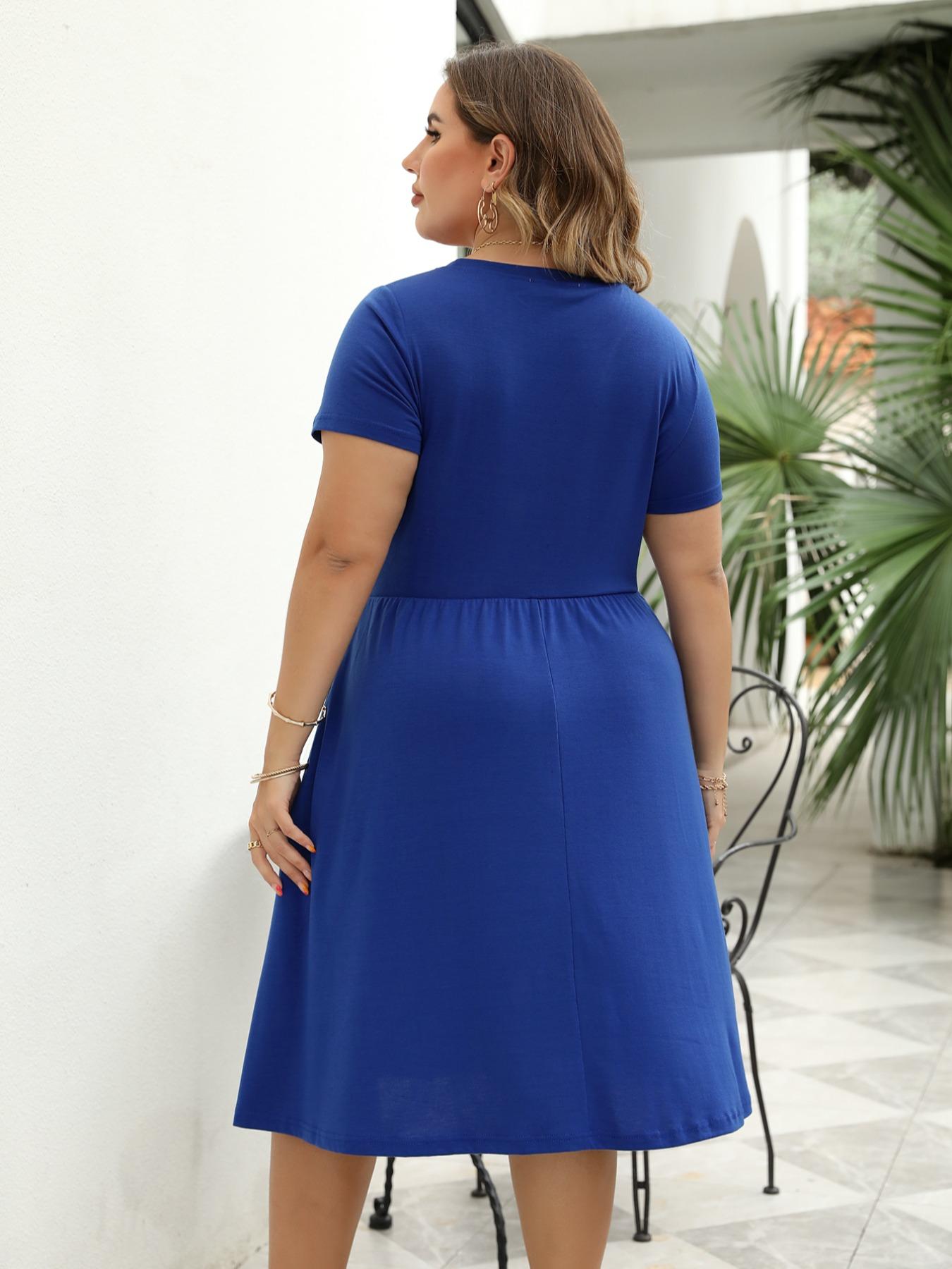 【Plus Size】Plain Pocket Round Neck Tee Dress, Summer Clothes Women, Women's Casual Short Sleeve A Line Dress for Summer, Lady Plus Size Clothing for Daily Wear, Summer Dresses, Casual Fit Dress