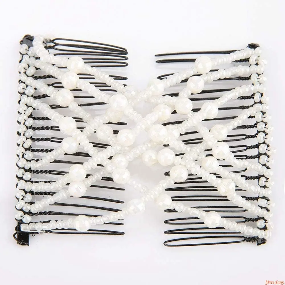 2-Pack Beaded Elastic Hair Combs, Cute Pearl Stretch Hair Clip for Women & Girls – DIY Hairstyle Tool for Bun, Ponytail & Half-Up Styles, Y2K Aesthetic White Hair Accessories