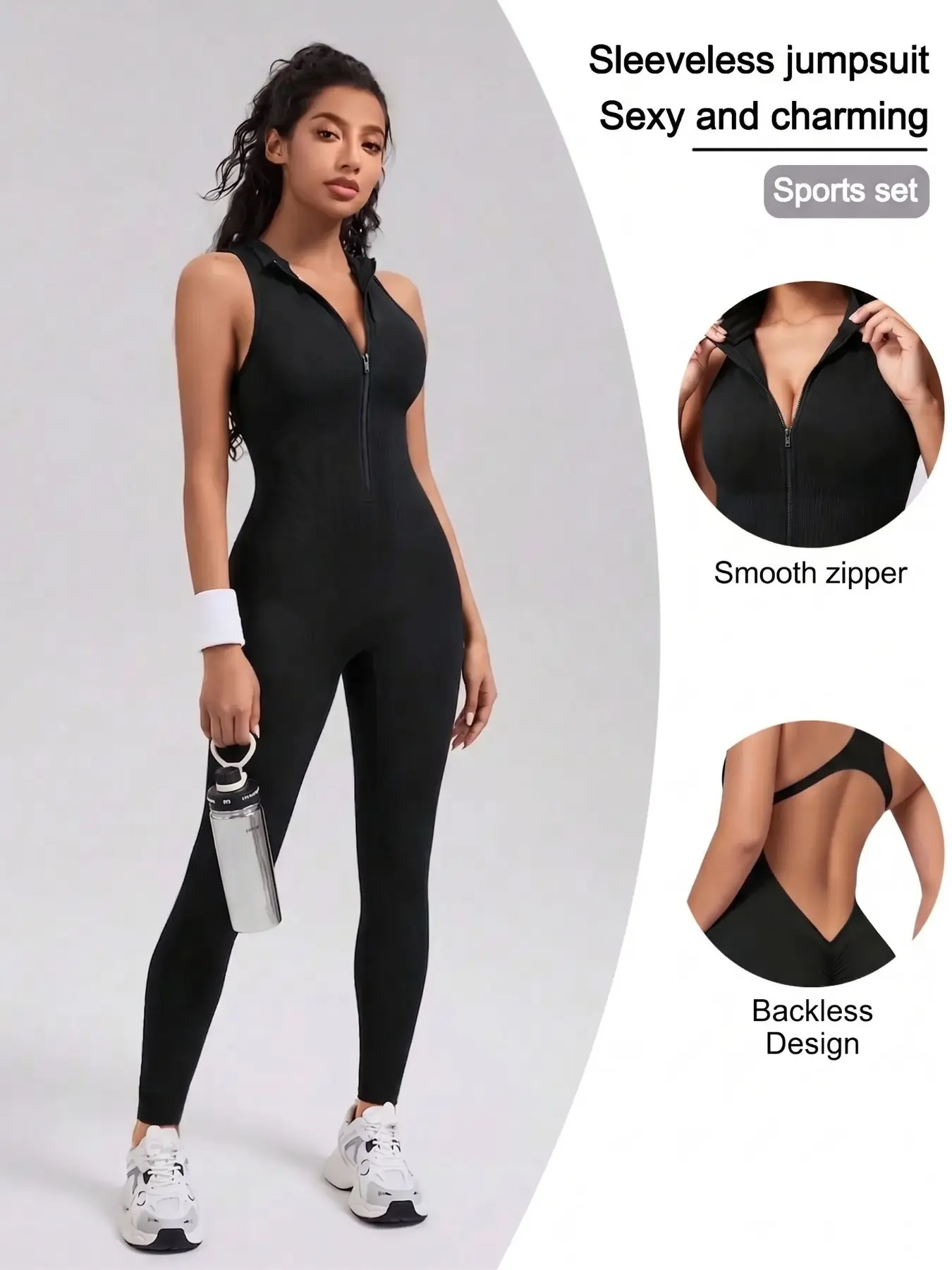 Sleeveless Workout Jumpsuit for Women Zip Up Romper V Backless Scrunch Sexy One Piece