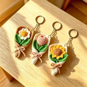 Crochet Flower Keychain Set of 2-3, Handmade Mini Bouquet Bag Charm for Her, Adorable Birthday Valentine's Gift