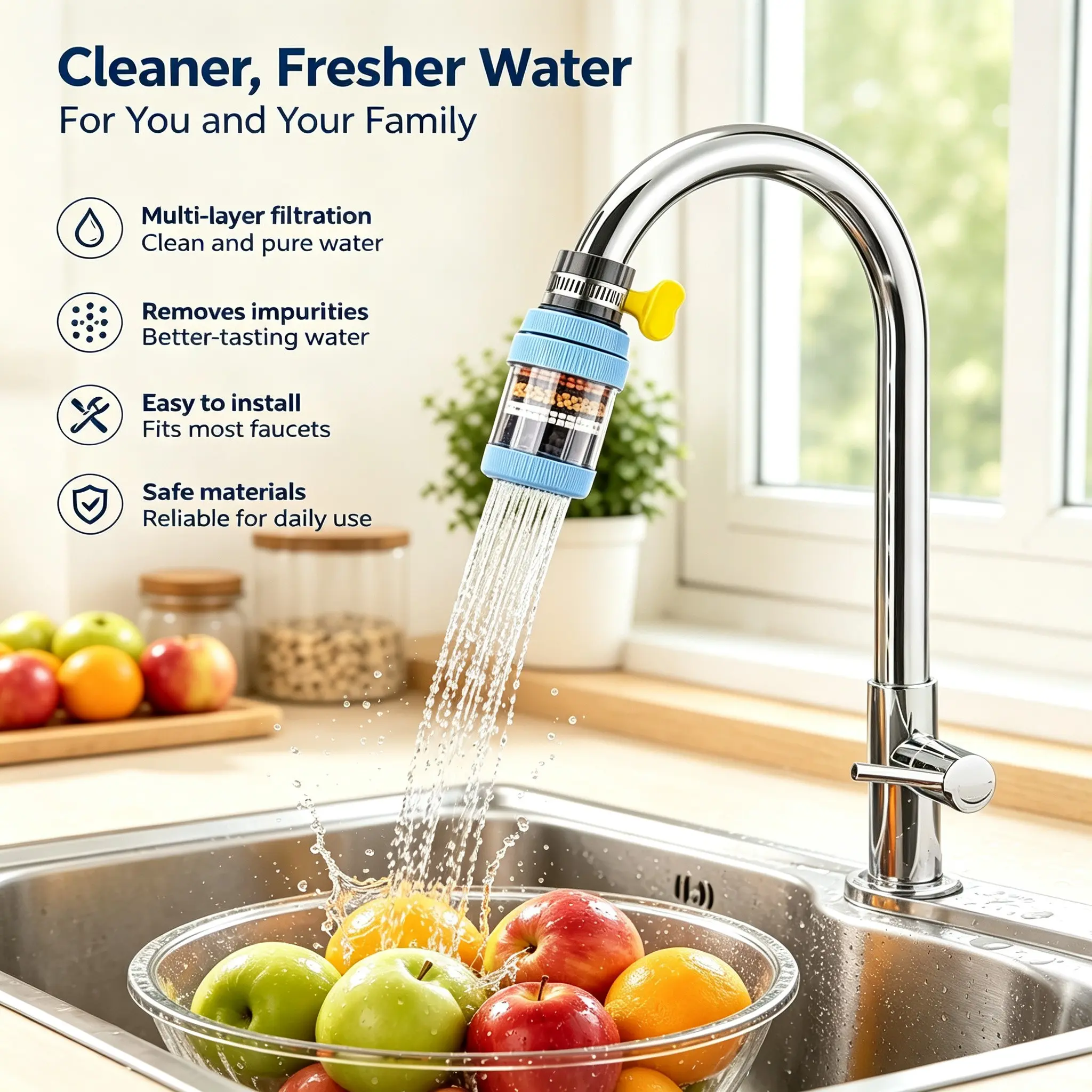 Kitchen Faucet Water Filter, Activated Carbon Filtration, Removes Chlorine Fluoride Heavy Metals, Ideal Gift for Home Kitchen Bathroom, Water Filter for Sink Faucet
