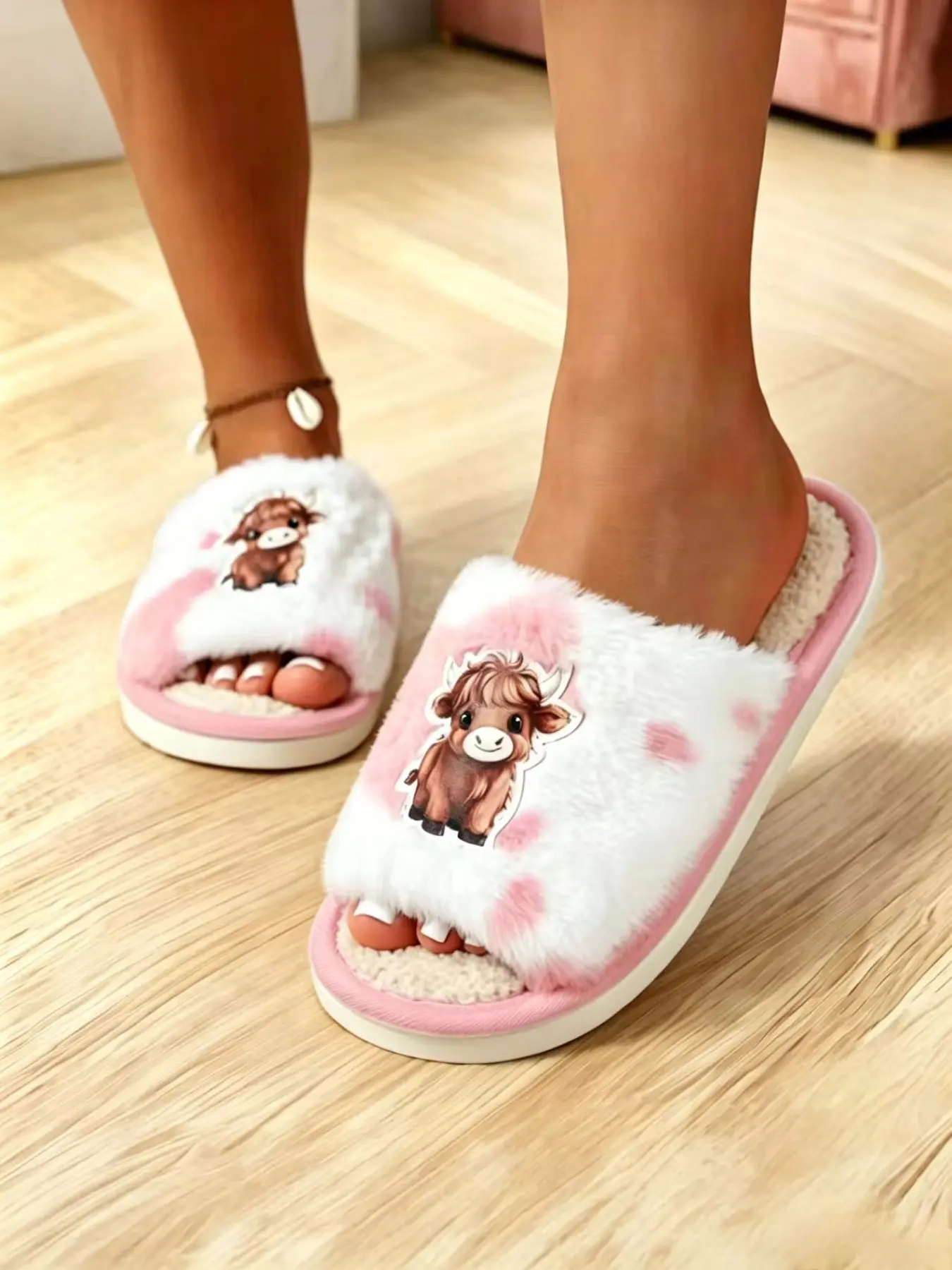 Cute Highland Cow Open-Toe Plush Women's Slippers, Thick Sole Non-Slip Indoor Shoes, Perfect for Living Room and Bedroom, Fall Winter