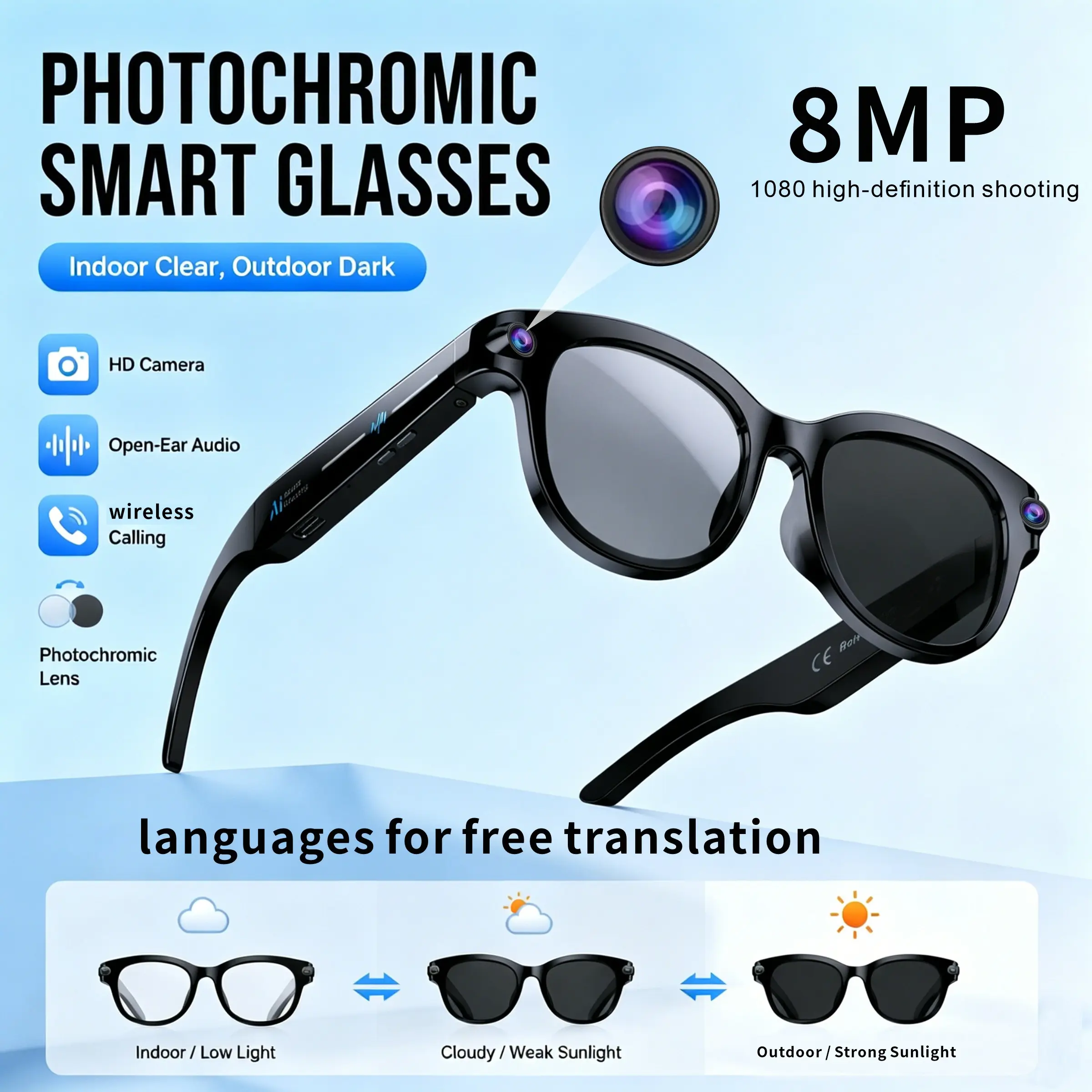 SENBONO photochromic glasses, 8MP high-definition camera, camera flash, synchronized video shooting to mobile app, free translation in multiple languages, audio headphones, suitable for work, travel, ideal gift for men and women.