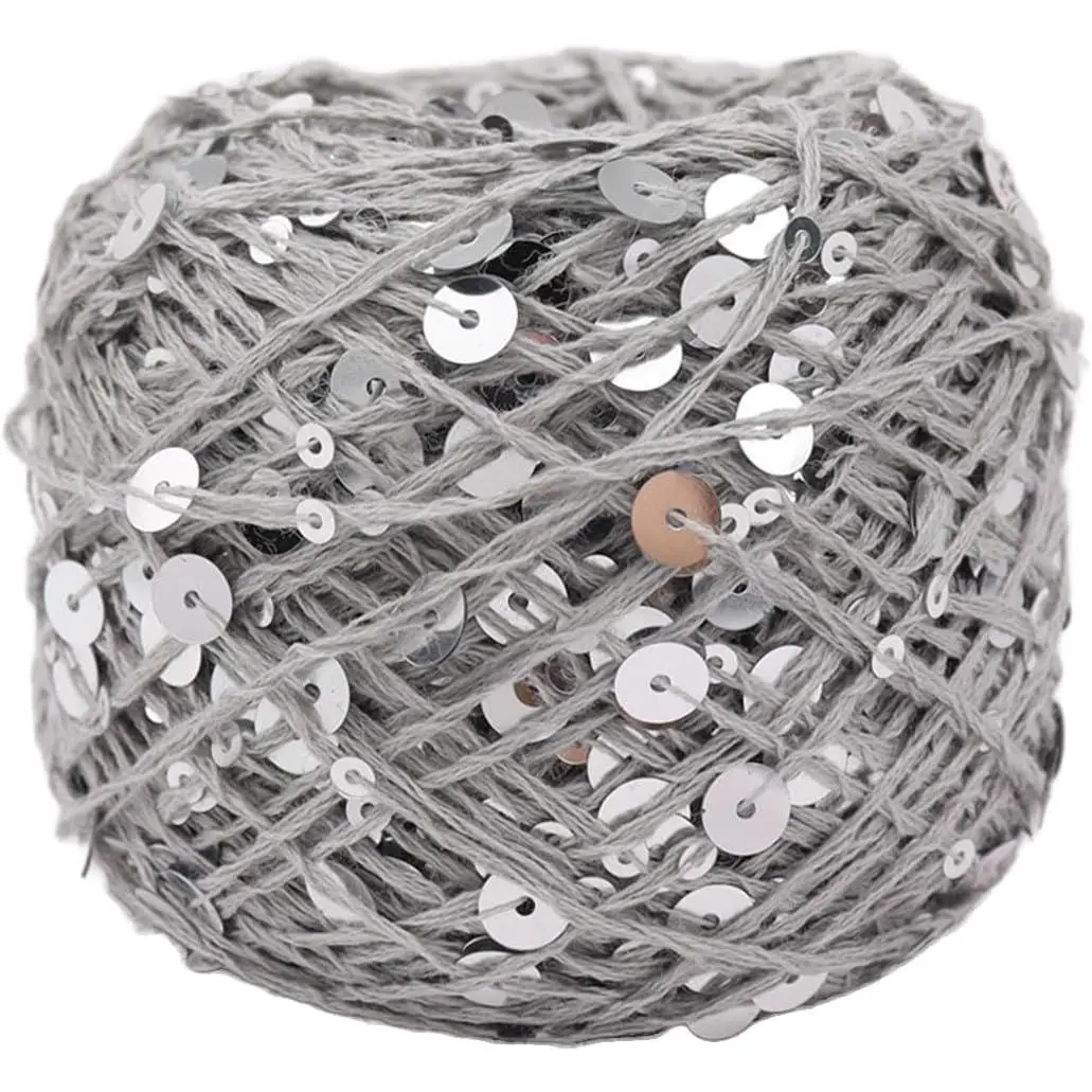 Shimmering Sequin  Yarn 153yard Sparkling Thread Crochet Strings for Headband Beanie Knitting Sweater Weaving DIY  Winter Accessories Rag Doll (Grey)