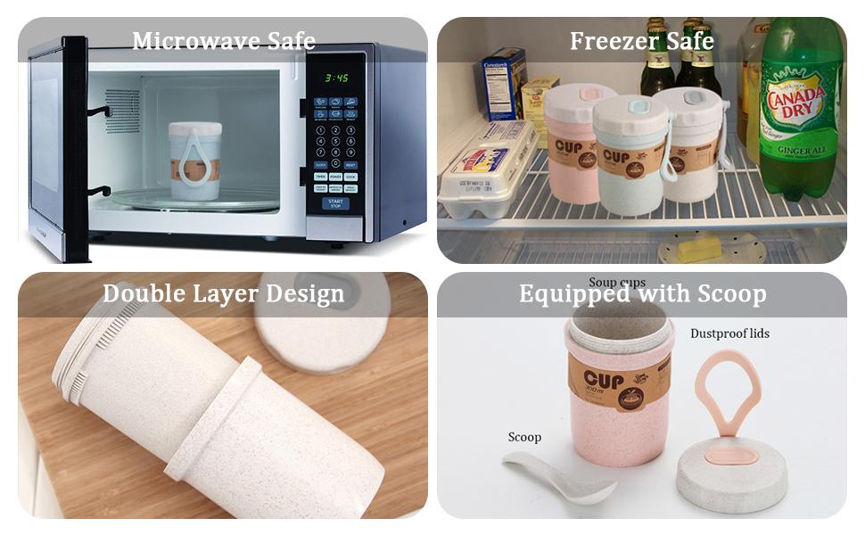 SICANDAENHK Enjoy warm meals on the go with these 2PCS 300ml wheat straw soup cups!Microwave-safe, portable, and come with spoons-perfect for porridge, breakfast, and lunch at the office, outdoor trips, or travel.Cute blue & pink design for daily