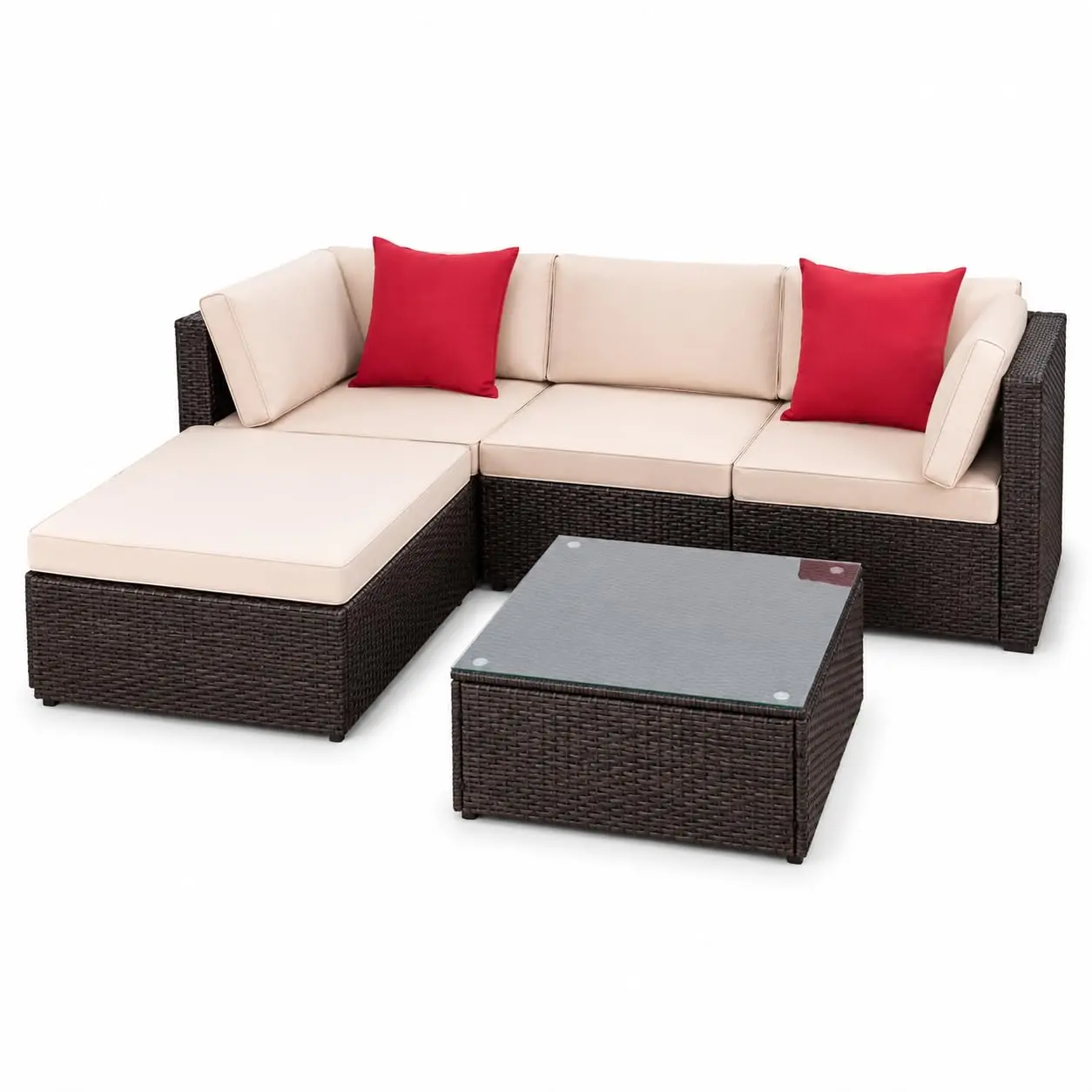 GARVEE 5 Pieces Patio Sectional Furniture Set, All Weather Wicker Rattan Sectional Sofa, Patio Conversation Set with Cushions and Glass Coffee Table for Backyard Porch Garden Balcony, Beige