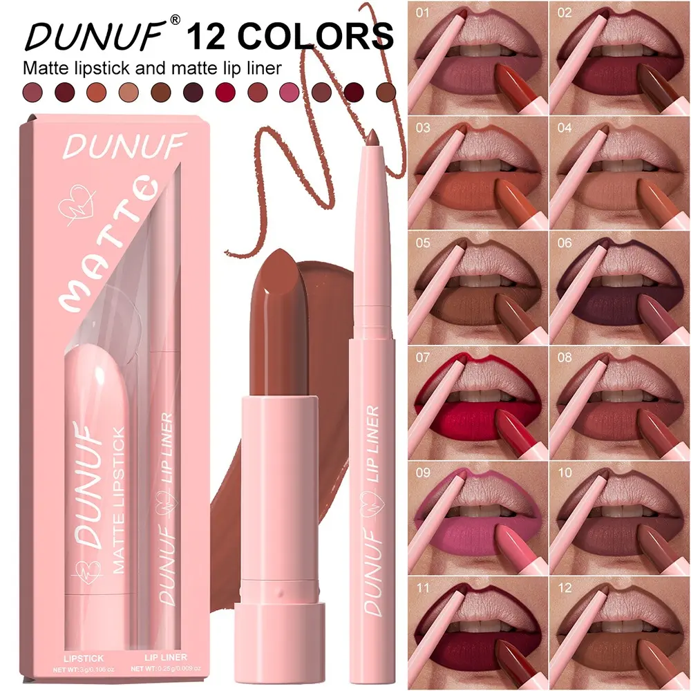 12 Color Lipstick+lipliner Matte Matte Lip Glaze Easy To Color Outline Lip Shape Lipstick Pen Lip Makeup Lipstick Glitter Lipstick